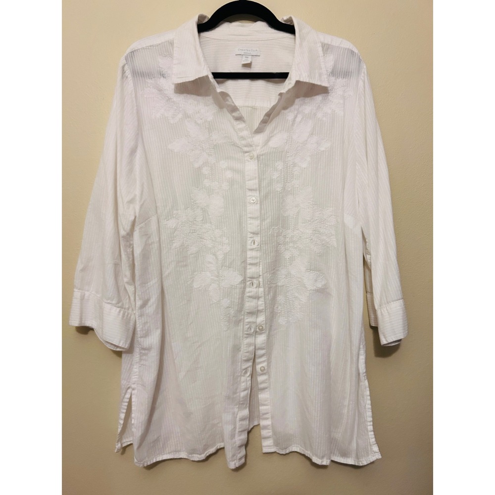 Charter Club Button Down Woman 18W White Excellent Embroidered Tunic Shirt